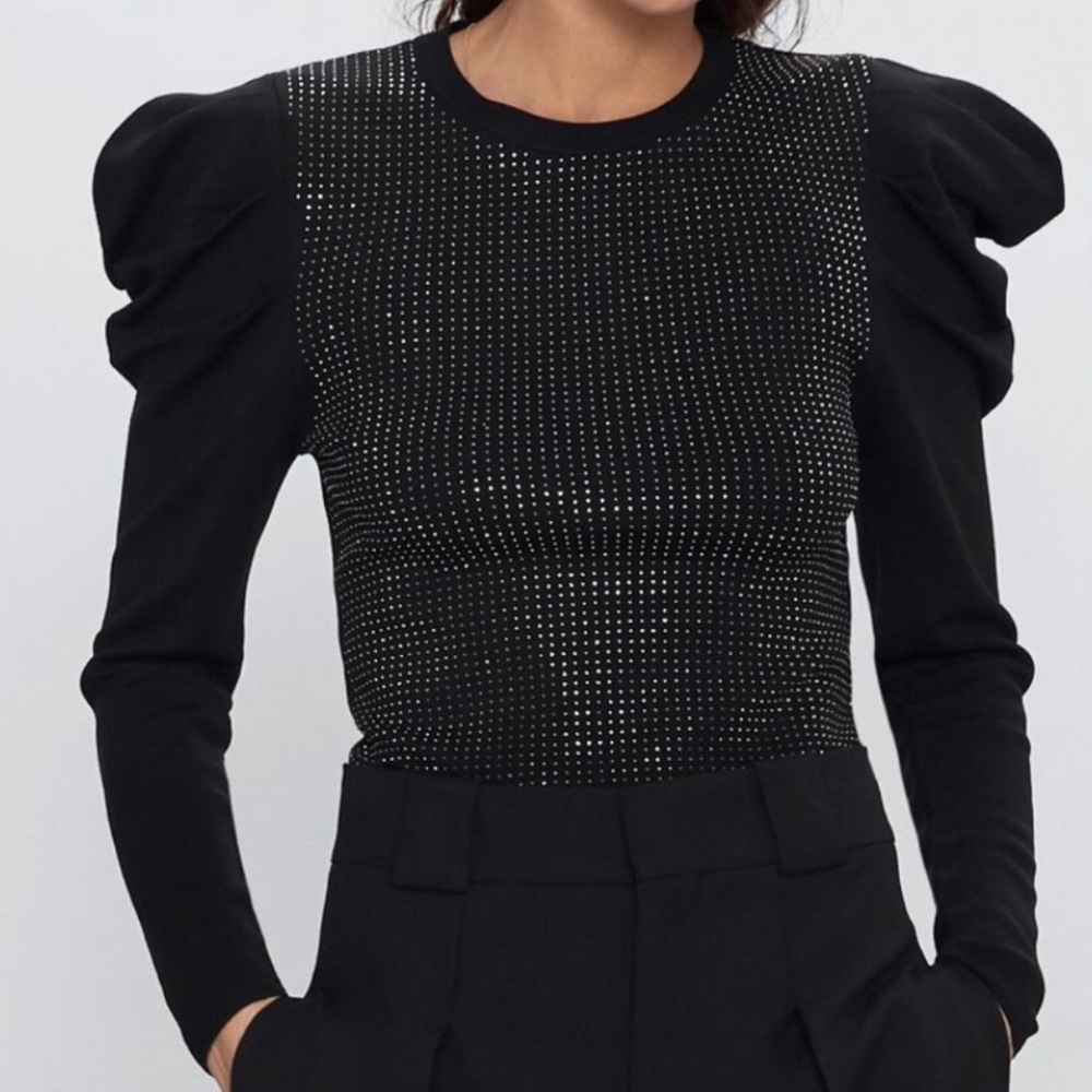 NWT Zara Studded Sparkle Puff Sleeve Sweater Small